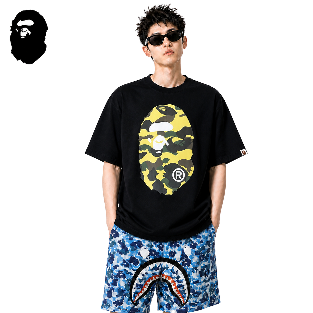 BAPE Yellow Camo Big Ape Head Men's T-Shirt - Black