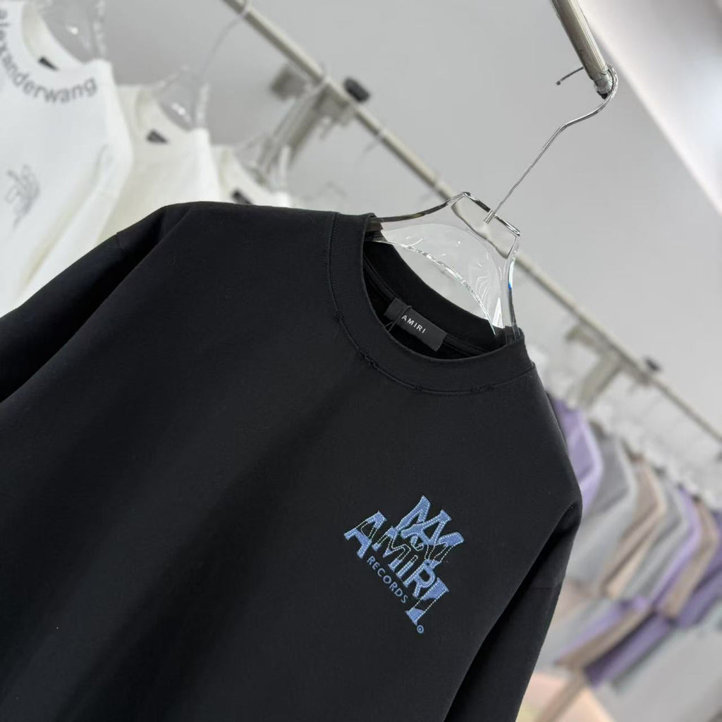 AMIRI Records Denim Patch Applique Back Graphic Crew Neck Short‑Sleeve T‑Shirt