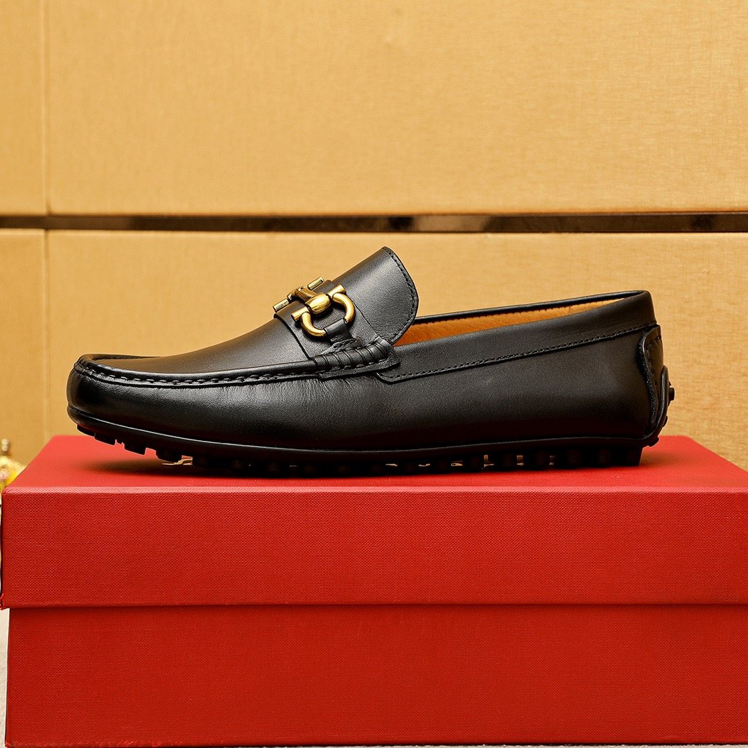 Ferragamo Black Gold-Tone Driving Loafers